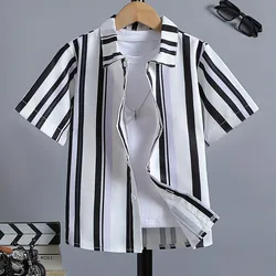 Zwart Wit Gestreepte Plaid Print Jongens Creatief Shirt Casual Korte Mouw Revers Shirt Tops Jongens Kleding Kinderen Zomer Outdoor