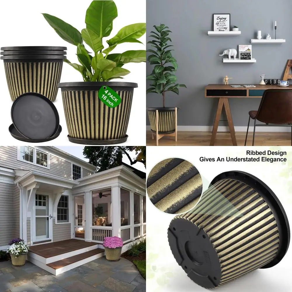 

16 inch large planter indoor outdoor plant pots, 4 pack plastic flower pots with saucer and drainage holes, modern garden plante