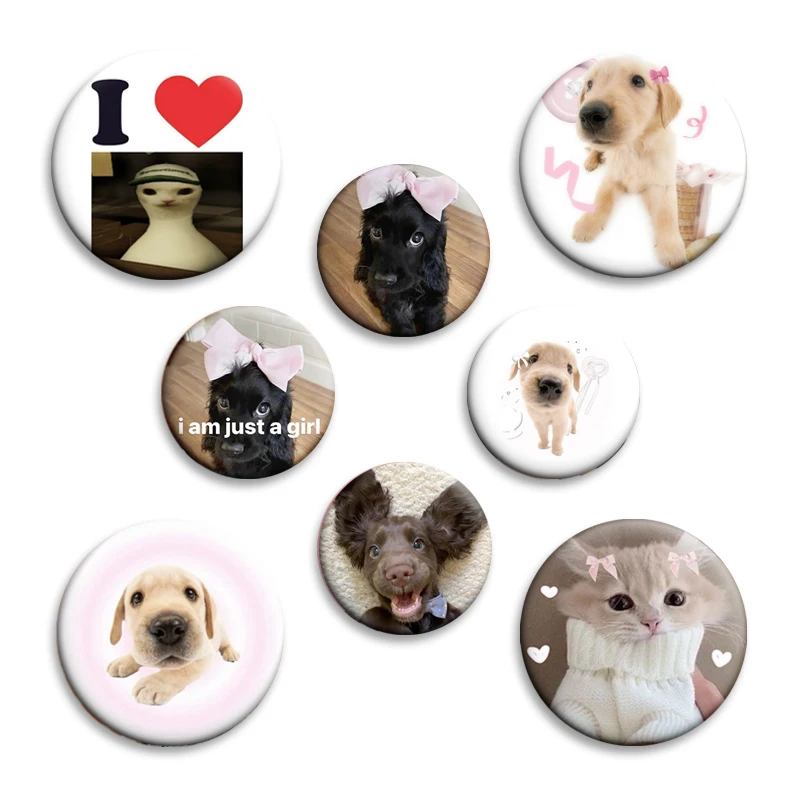 

Cute Dog Cat Funny Meme Enamel Pins Pink Bow Dogs Cats Memes Creative Brooch Round Badge for Backpack Clothes Accessories Gifts