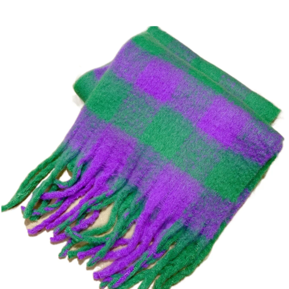 

Korean Style Women's Cashmere Shawl Twisted Tassel Thickened Knitted Plaid Scarf Warm Color Contrast Long Wool Tassel Scarf
