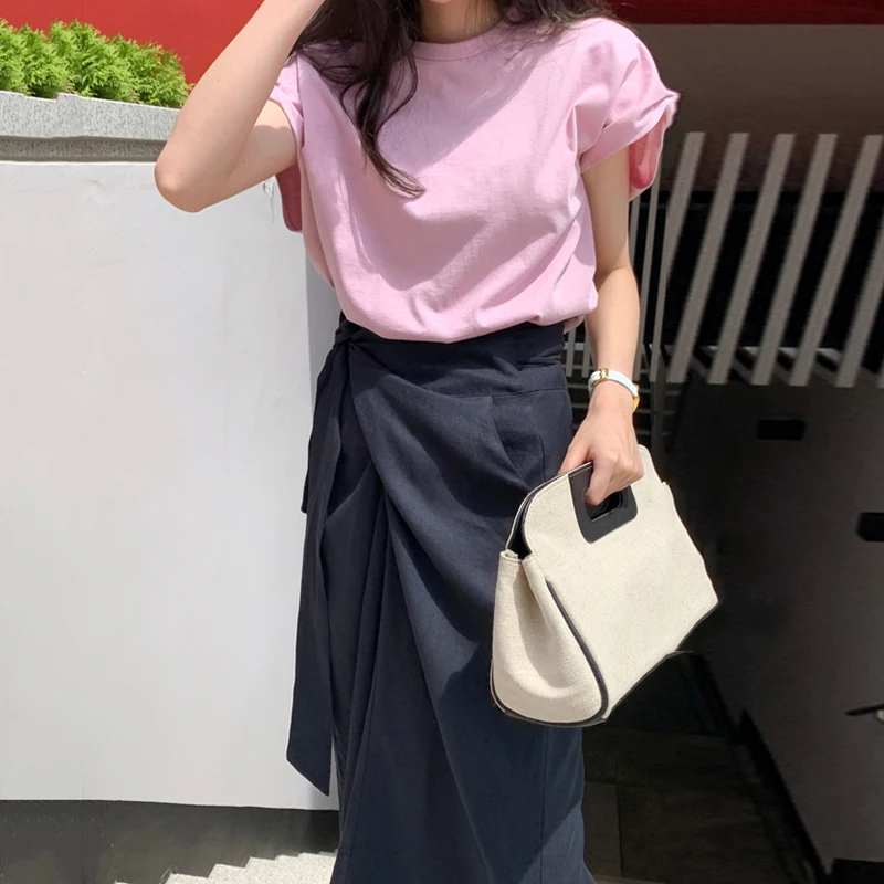 Conjunto de mujer con cseta de manga corta con cuello redondo, Color sólido, hoado y versátil, con cinturón, falda d...