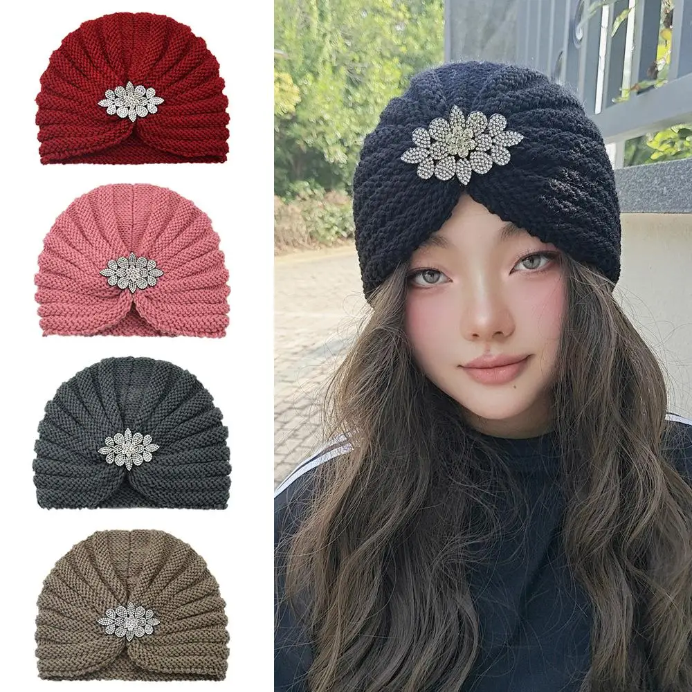 

Knitted Cross Wrapped Muslim Cap Soft Thick Hijab Cap Diamond Turban Hat Wool Knitting Hat Rhinestone Flower Hair Accessories