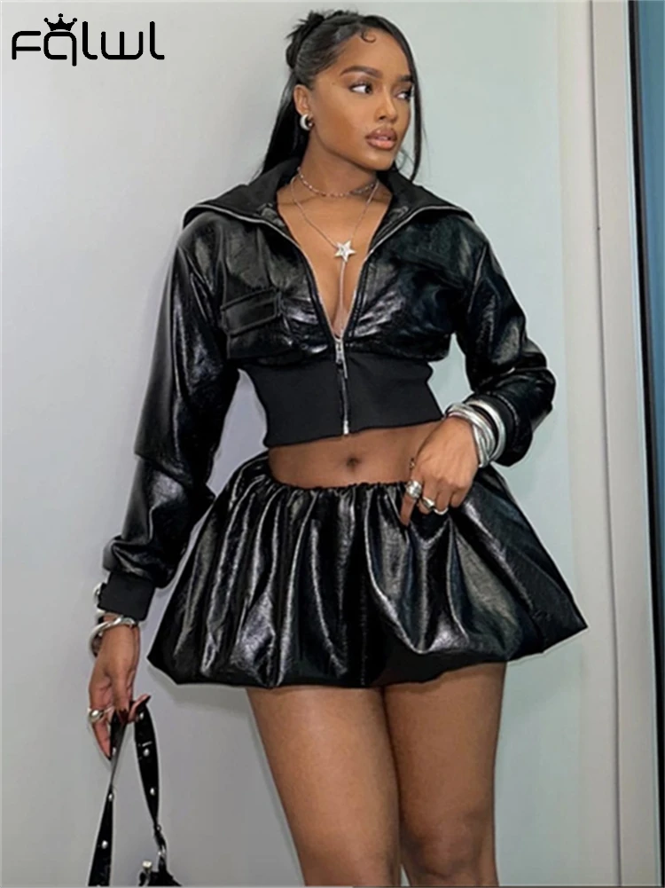 Habbris Winter Womens Faux Leather Two Piece Racer Set Streetwear Outfits 2024 Zip Up Biker Cropped Jacket+Matching Bubble Skirt