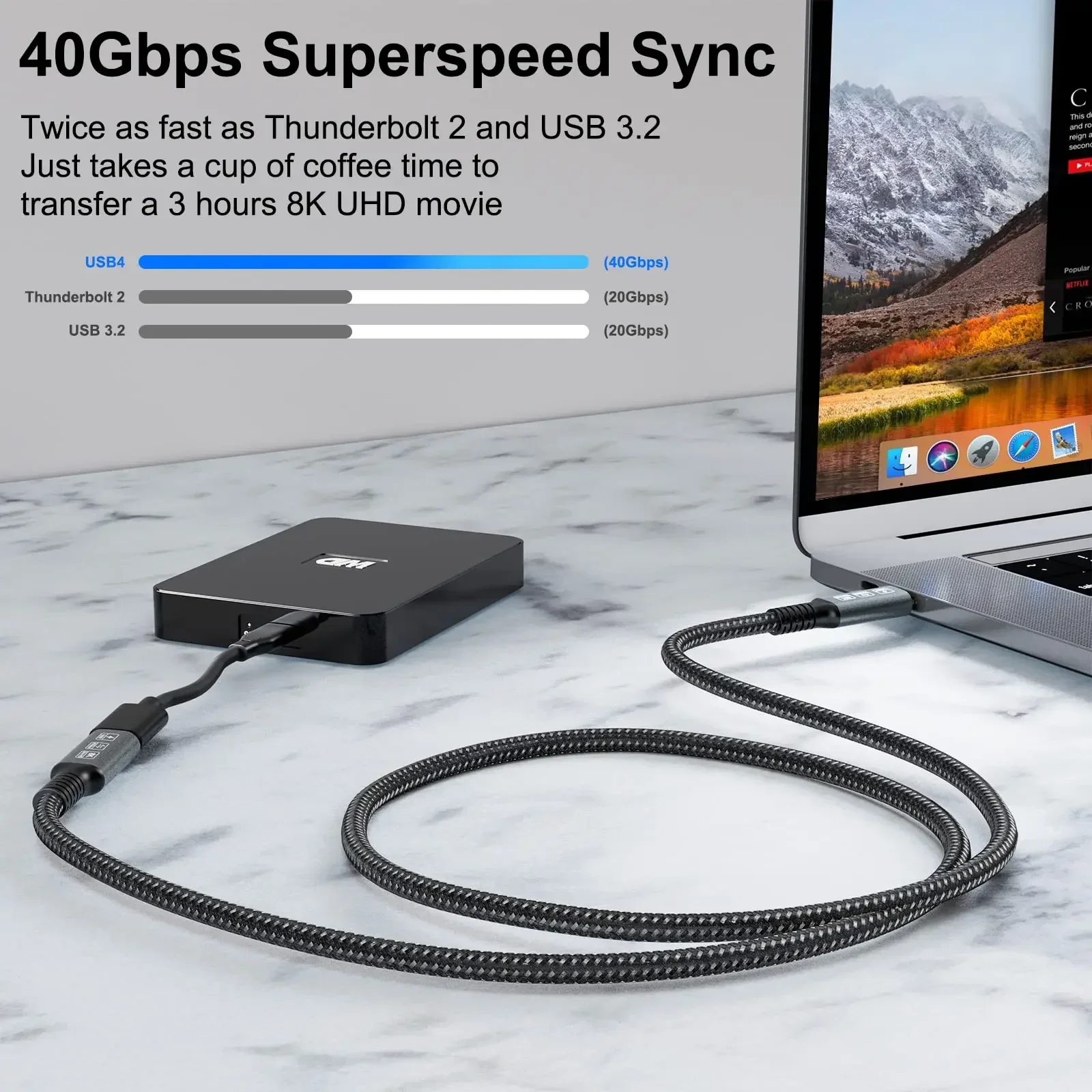 USB4 8K Cable Thunderbolt 4 Compatible USB 4 Type-c Male to Female Extension Cable  Compatible with External SSD eGPU