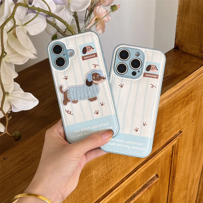 

Cartoons Blue Stripes Embroidery Dachshund Phone Case Shockproof Protective Cover for iPhone 16 Pro 13 14 15 Pro Max Apple 14 16