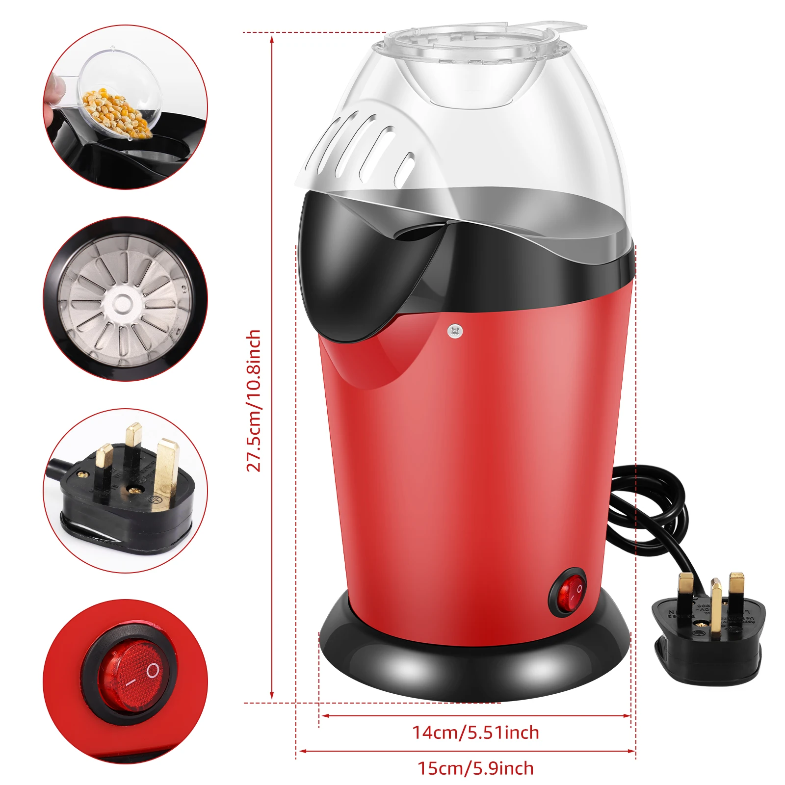 1200W Electric Popcorn Machine Reusable Hot Air Popcorn Maker with Measuring Cup Top Lid DIY Oil-Free Healthy for Home Party