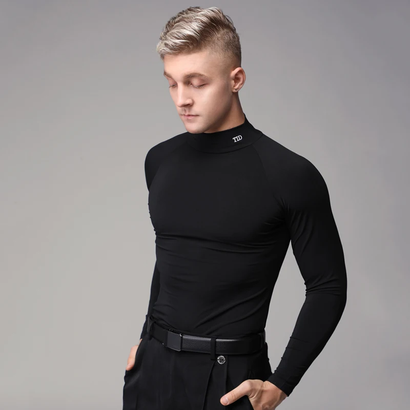 Fashion Male High Collar Modern Dancing Top Black Long Sleeved Ballroom Dance Tops Men Performance Latin Dance Shirt SL9593