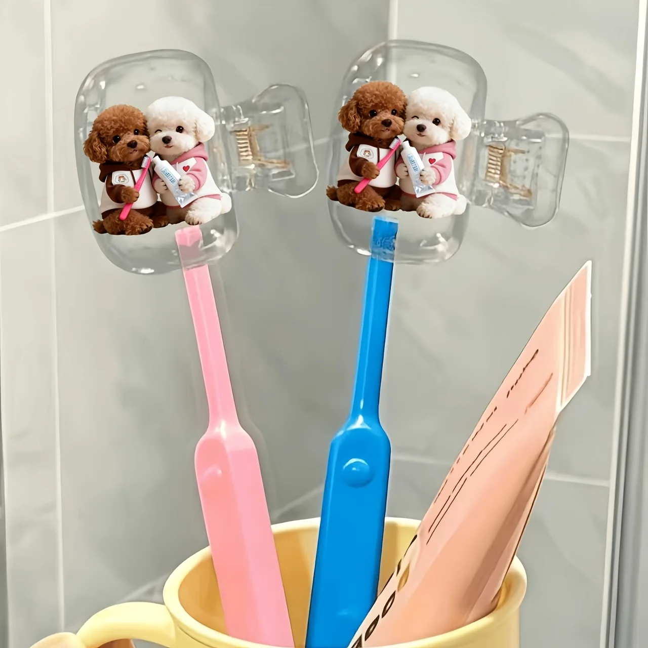 2pcs Hugging Cute Puppies Toothbrush Storage Box Travel Home Orga Plastic Protector for Bathroom Bedroom Lightweight Material