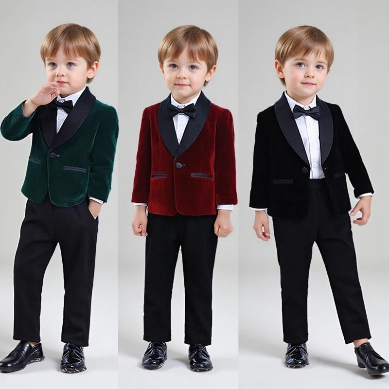 

Children One Year Old Birthday Tuxedo Outfits Black Elegance Velvet Weddings Suit for Boys Gentleman Piano Performance Costume