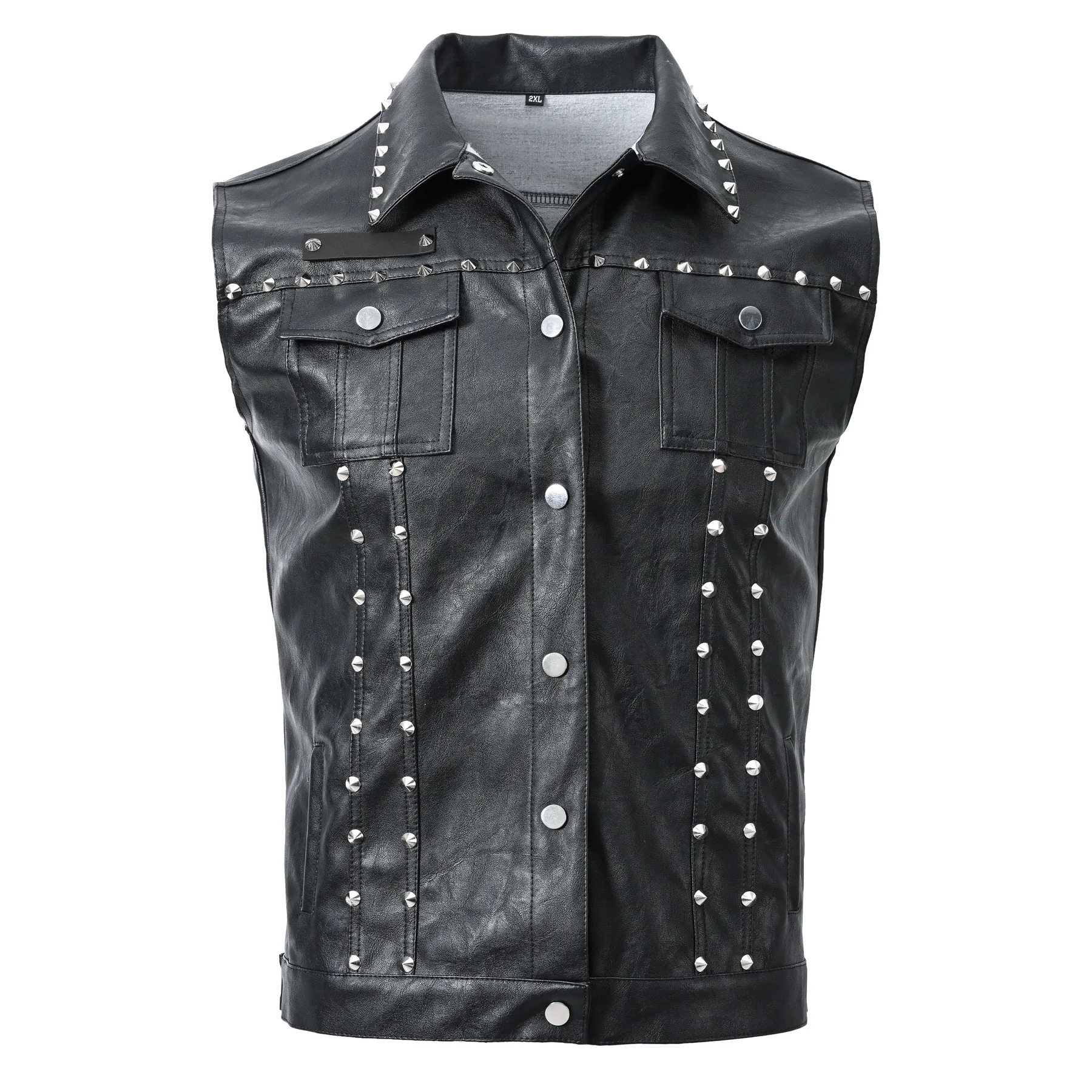 Men\'s Punk Style Leather Biker Waistcoat With Rivets Fashion High Streetwear Motorcycle Rider Vests PU Sleeveless Jacket