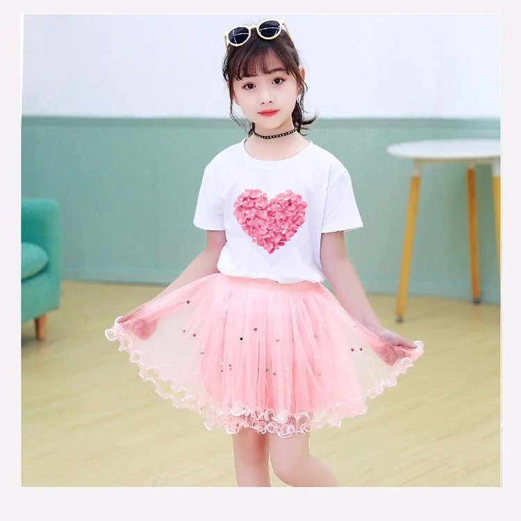 2024 Summer Cute Cartoon Unicorn Print Suits Short-sleeved T-shirt and Tulle Skirt 2Pcs Sets Baby Girls Party Clothes Outfits