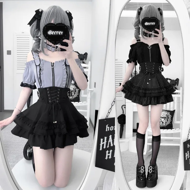 New Japanese Subculture Original Rojita Style SC Y2k Top Zipper Short-sleeves Shirt New Small Mini Cake Skirts Women's Clothing