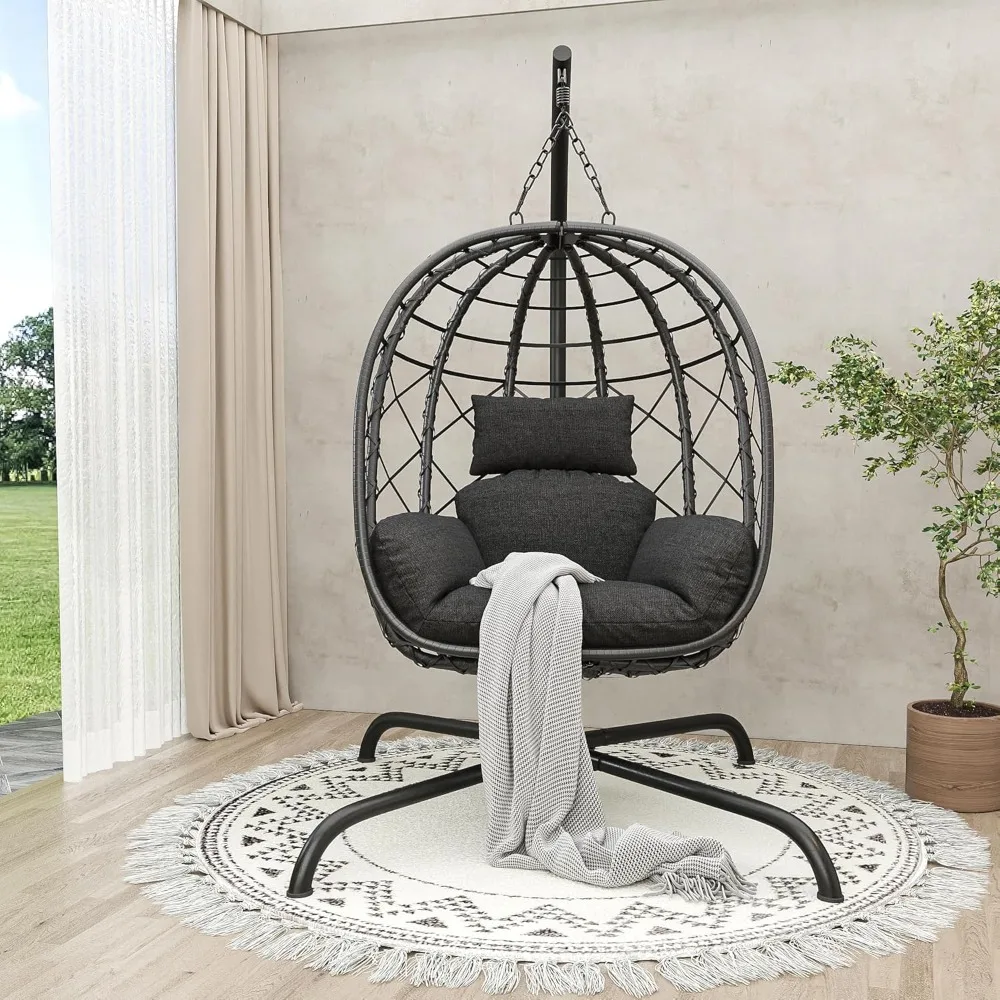 

Foldable Egg Chair Outdoor Indoor,Wicker Patio Hanging Chair with Stand,Swing Chair with UV Resistant Cushion 350lbs Capacity fo