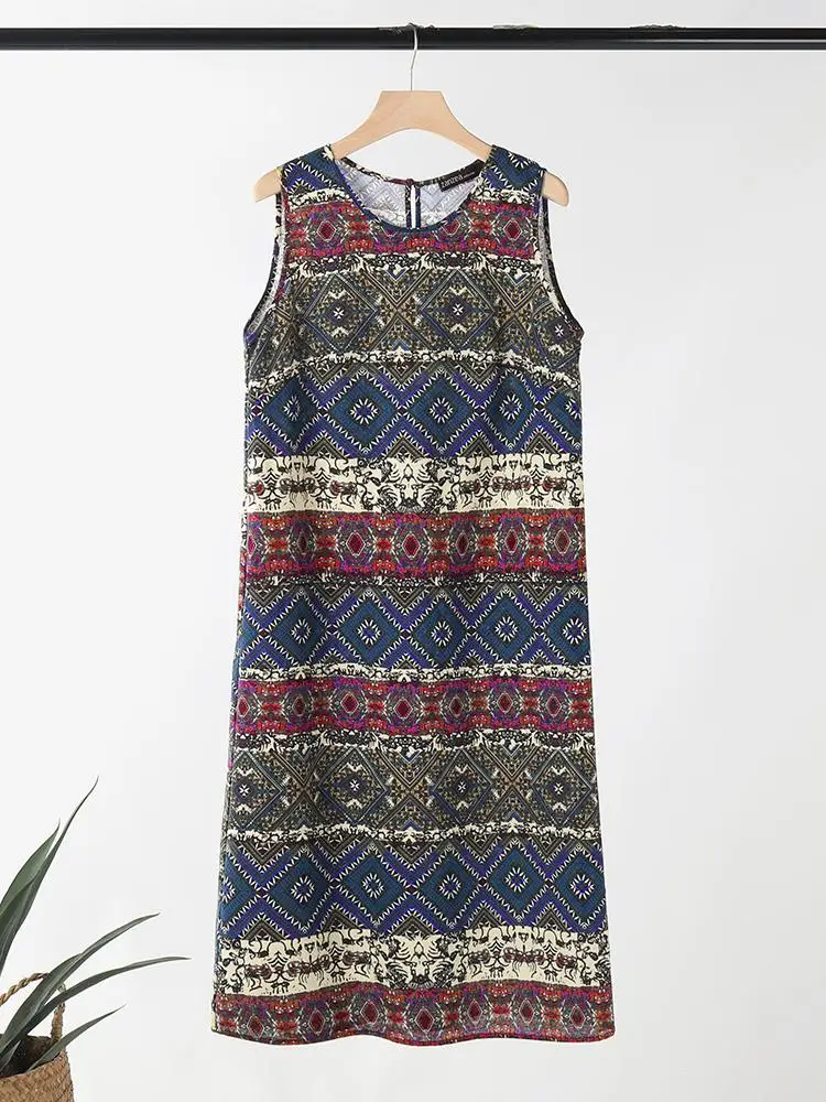 Women Bohemain Sleeveless Sundress ZANZEA Summer Printed Dress Vintage Beach Holiday Vestidos Casual O Neck Baggy Midi Dresses