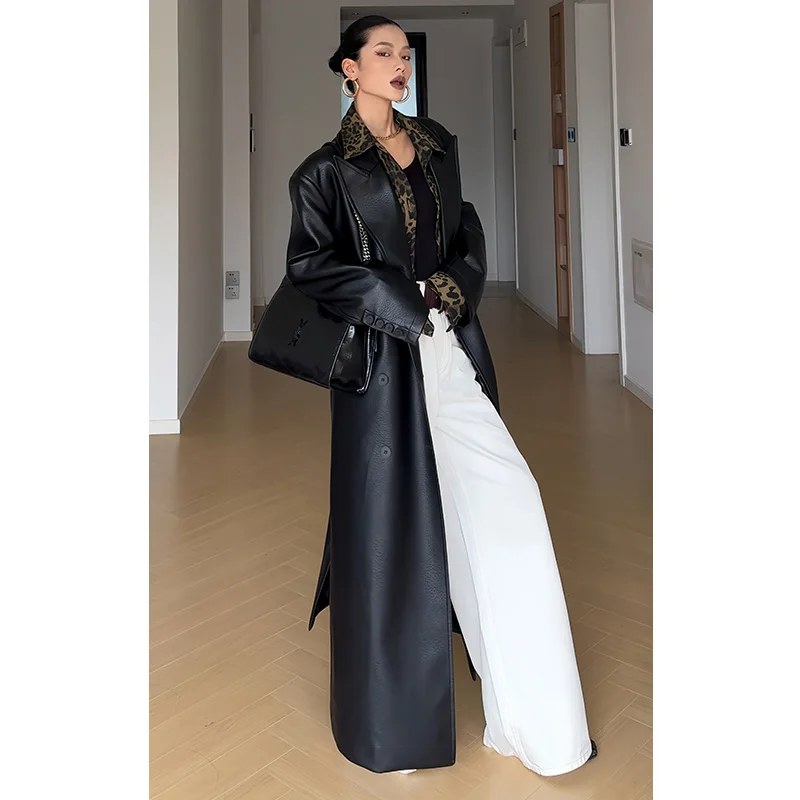 Cizzlemore Long Leather Coat Women Faionable Heavy Texture Gun Ne Long Coat Street Sle Autumn Season High Quali Leather