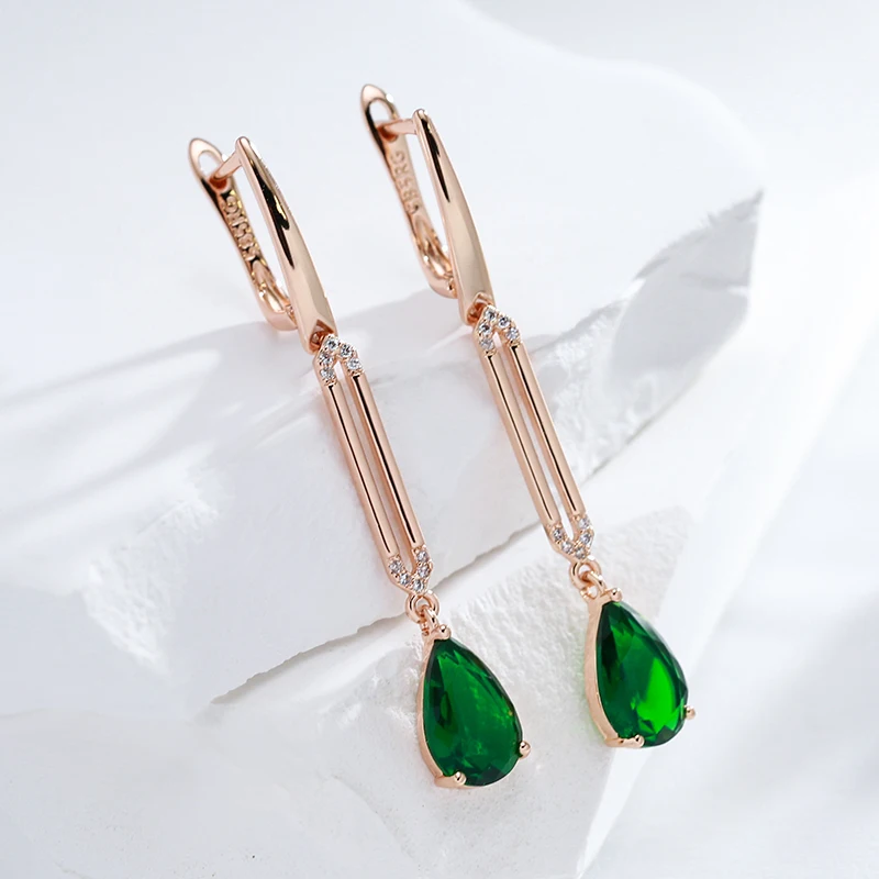 Wbmqda Luxury Elegant Green Natural Zircon Long Drop Earrings Ring For Women 585 Rose Gold Color Wedding Engagement Fine Jewelry