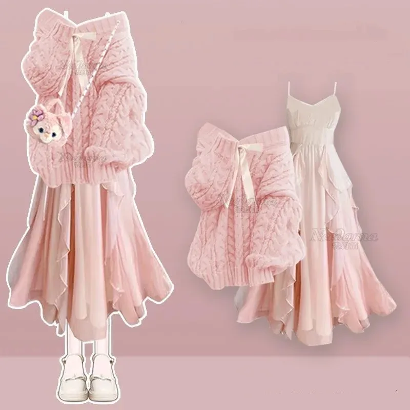 

2025 Autumn/Winter New Korean Elegant In Dress Matching Set Women's Fashion Knitted Sweater+Sexy Strap Skirt Two Piece Suit