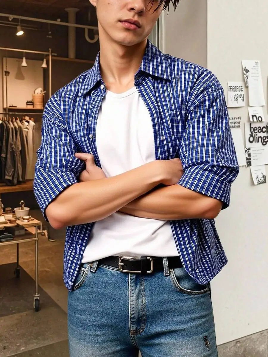 

Men's Blue White Plaid Short Sleeve Casual Cropped Shirt