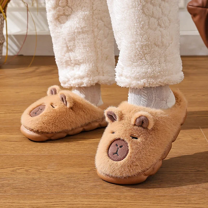 Cute Capybara Cotton Slippers Women Winter Fashion Warm Fluffy Home Shoes for Couples Anti Slip Plush Floor Shoes for Kids