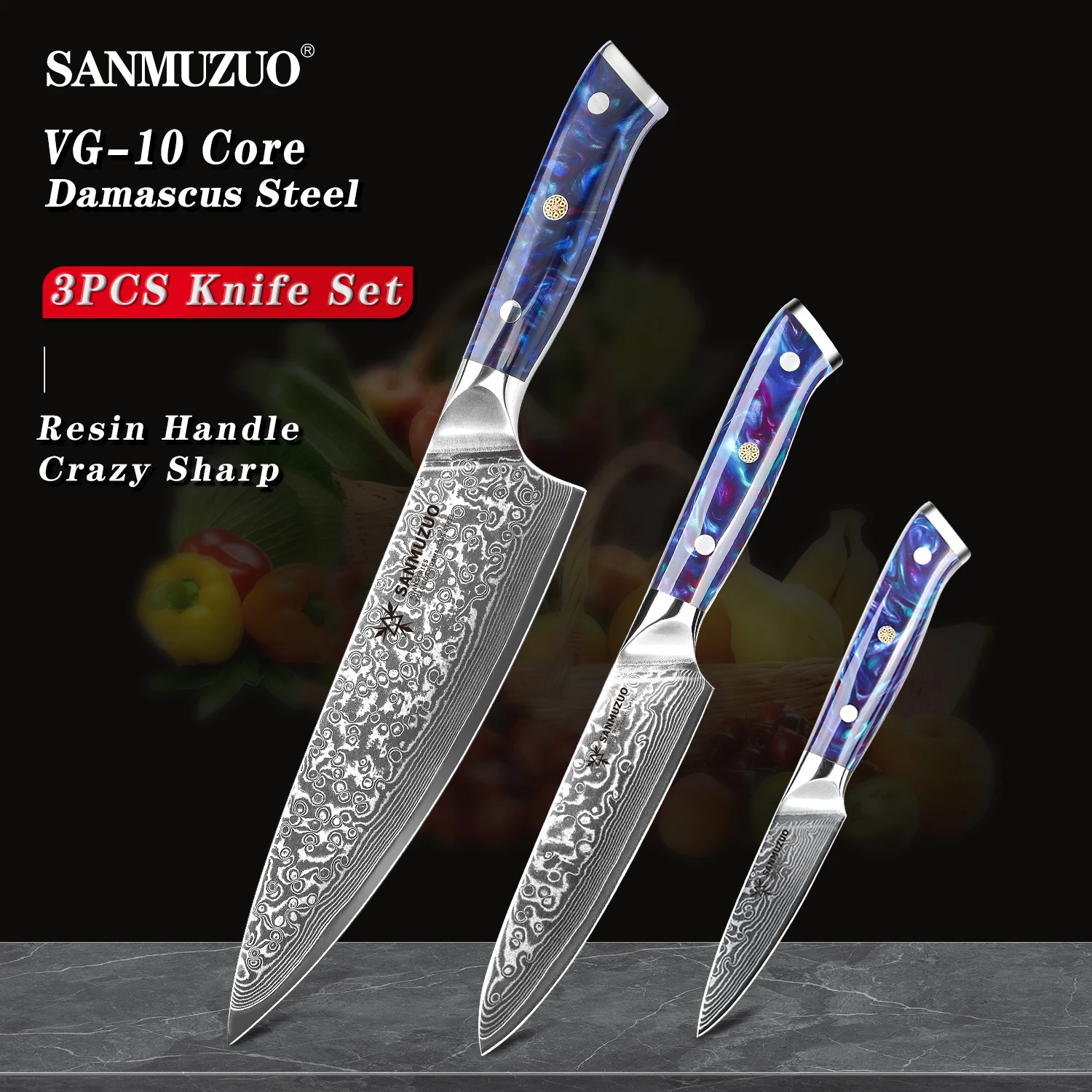 SANMUZUO 3PCS Kitchen Knife -XUAN Series - VG10 Damascus Steel Kitchen Knives Chef Santoku paring Knife - Resin Handle