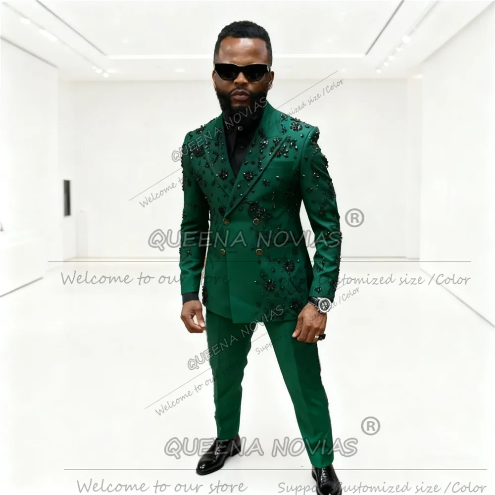 

Мужские костюмы со стразами и бисером на свадьбу, двубортный пиджак, брюки, комплекты из 2 предметов, костюм Homme, индивидуальные смокинги для жениха, роскошные