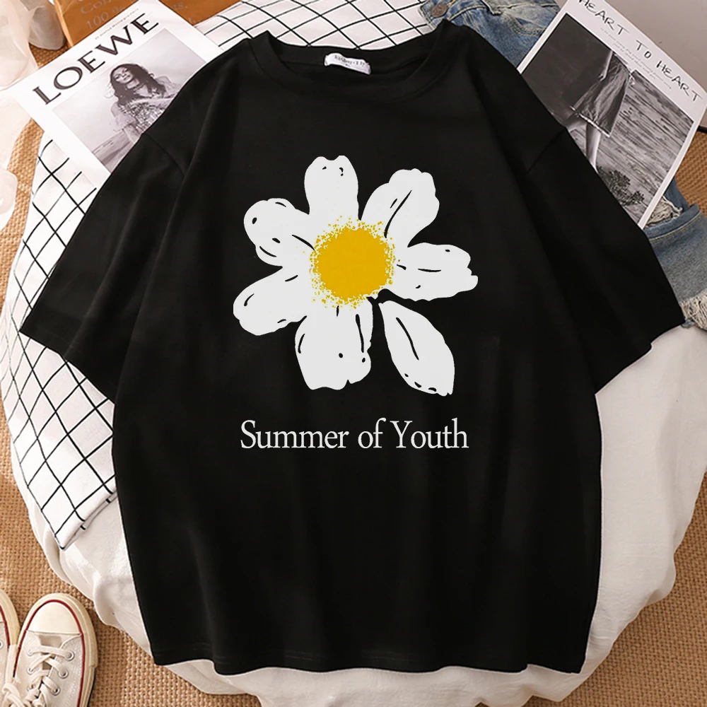 Breathable T-shirt Small white daisies Hip Hop Sport Short Sleeve T shirt Women Comfortable 2022 Summer Soft Crewneck Camisetas