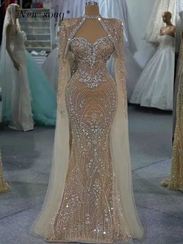 

Блестящие вечерние платья-русалки цвета шампань с длинной накидкой, инкрустированные кристаллами и бисером, с вырезом в форме сердца, на заказ, для выпускного вечера, свадьбы или торжественных мероприятий