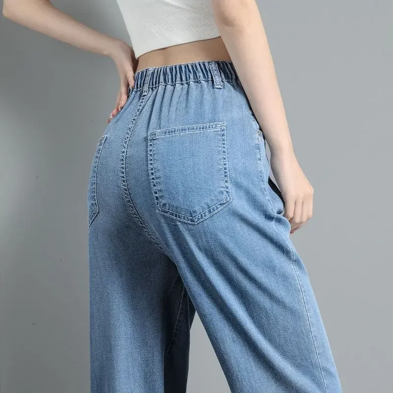 Koreaanse Zachte Jeans Vrouwen Zomer Ultra-Dunne Hoge Taille Straight Drape Ijs Zijde Denim Broek Jeugd Eenvoudige Casual wide-Leg Broek