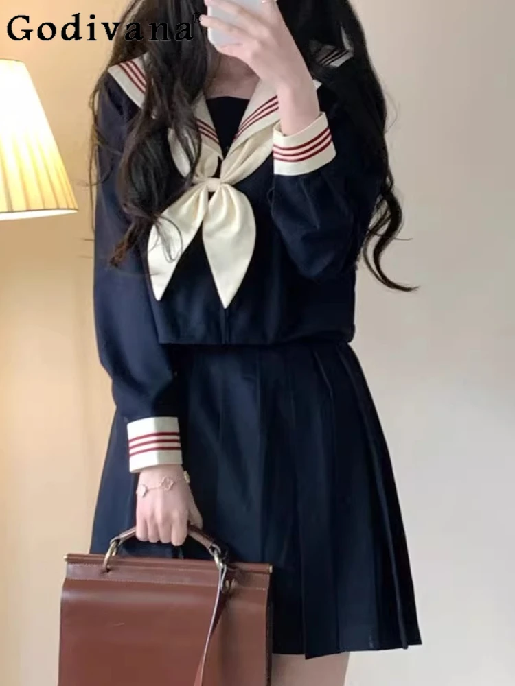 Sweet Japanese JK Age-reducing College Navy Collar Long Sleeve Loose Shirt Spring Autumn Girls Fashion Loose Pleated Skirt Sets