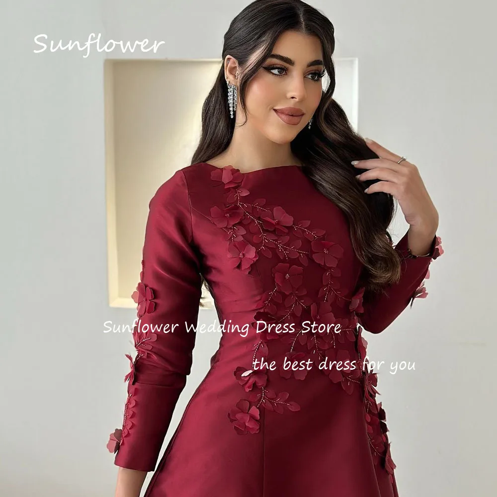 Sunflower Wine Red Simple O-Neck Appliques A-LINE Formal Evening Dress Saudi Arabia 2024 Slim Long Satin Floor-Length Prom Dress