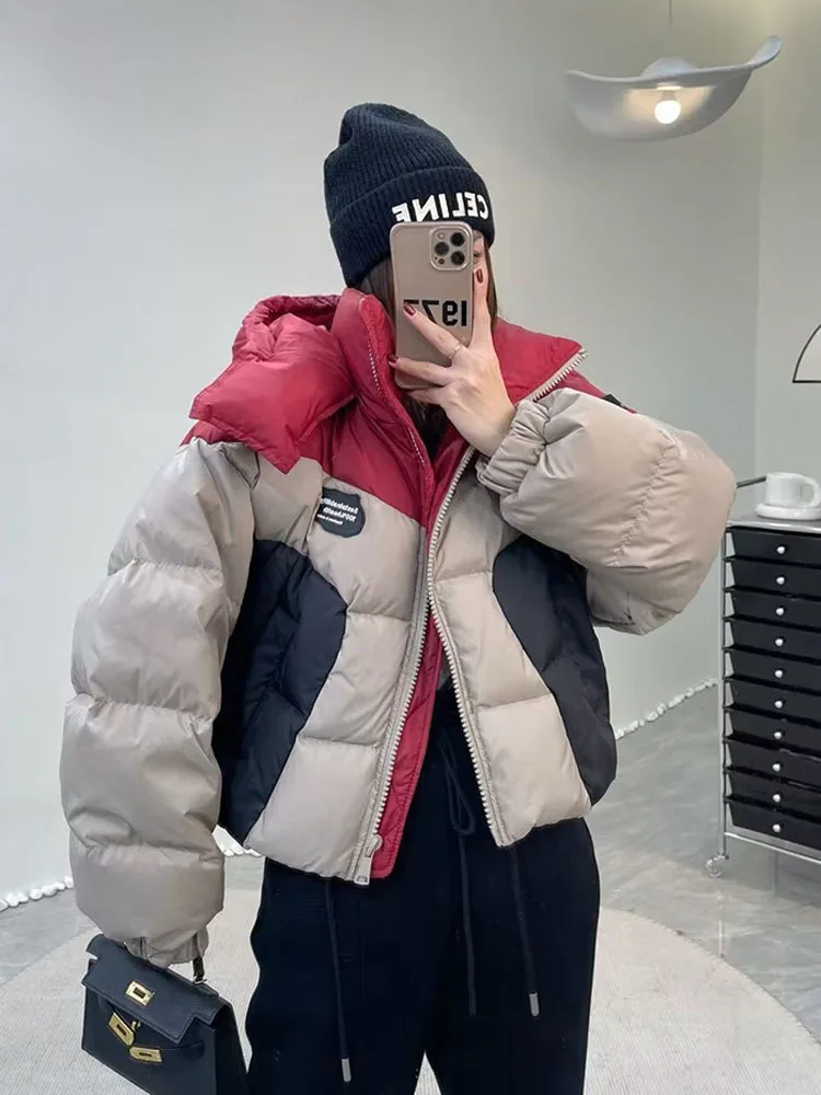 Women\'s Down Jackets Winter European Loose Short White Duck Down Coats Warm Thicken Contrasting Color Patchwork Bread Clothe New