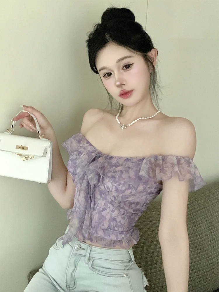 Zoki Sexy Cropped Floral Camis Women Sweet Off Shoulder Elegant Tanks Fashion Ruffles Korean Lady Slash Neck Casual Beach Tops