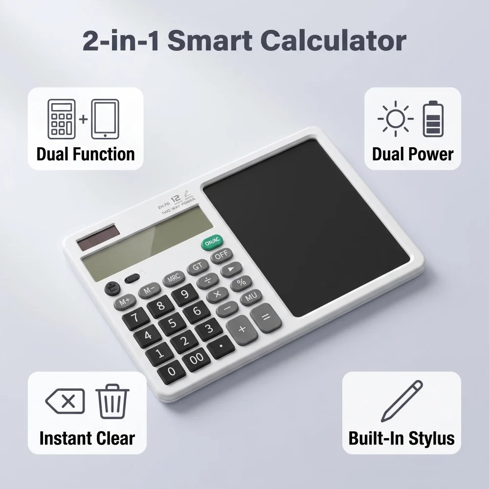 12 Digit 2-in-1 Desk Calculator with LCD Writing Pad, Solar & Battery Dual Power, Lock Key & Stylus, Notepad for Office School
