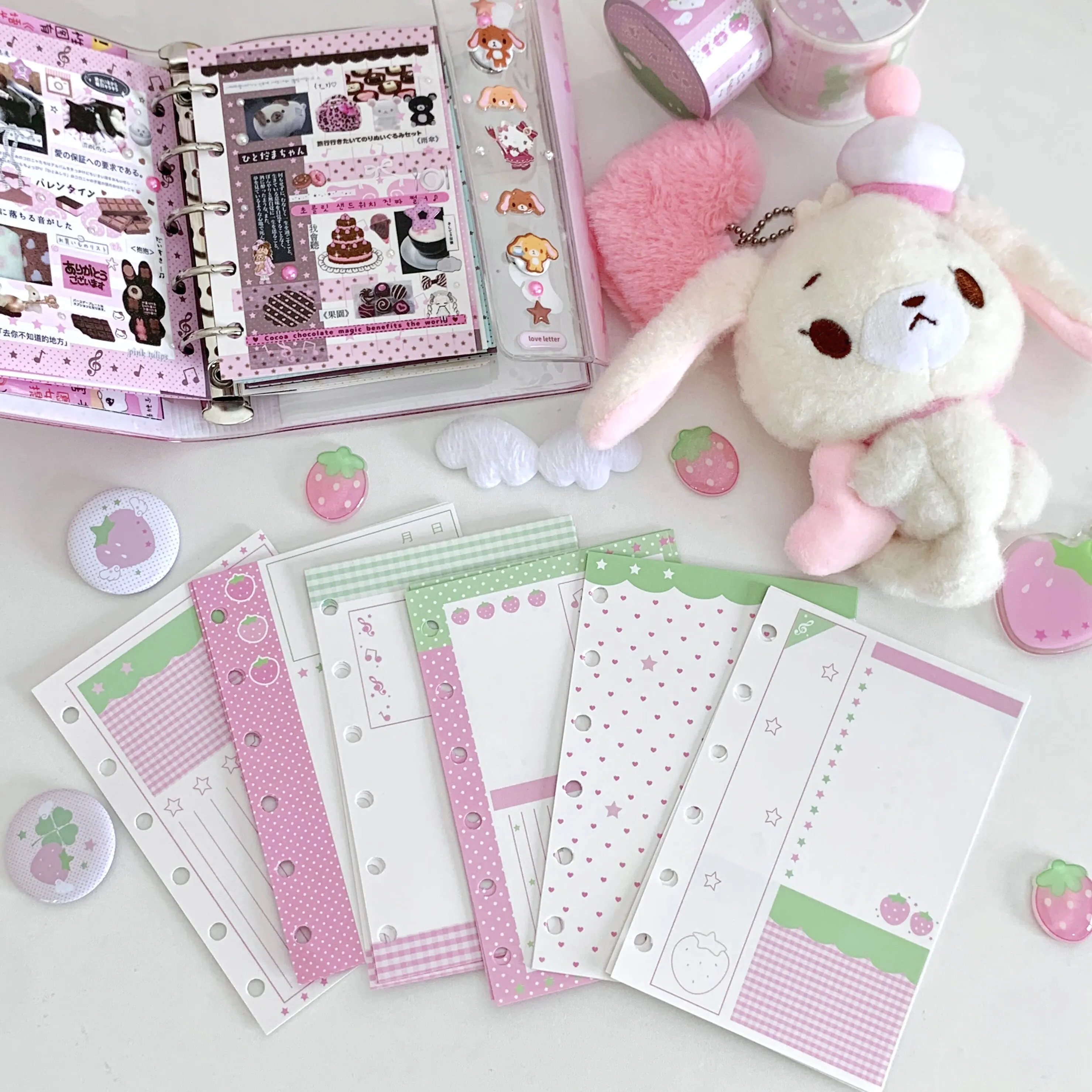 A7 Refill Paper 60pcs Cute Strawberry Pink Green Music Note Prepunched 6 Holes Planner Inserts for Mini Pocket Binder