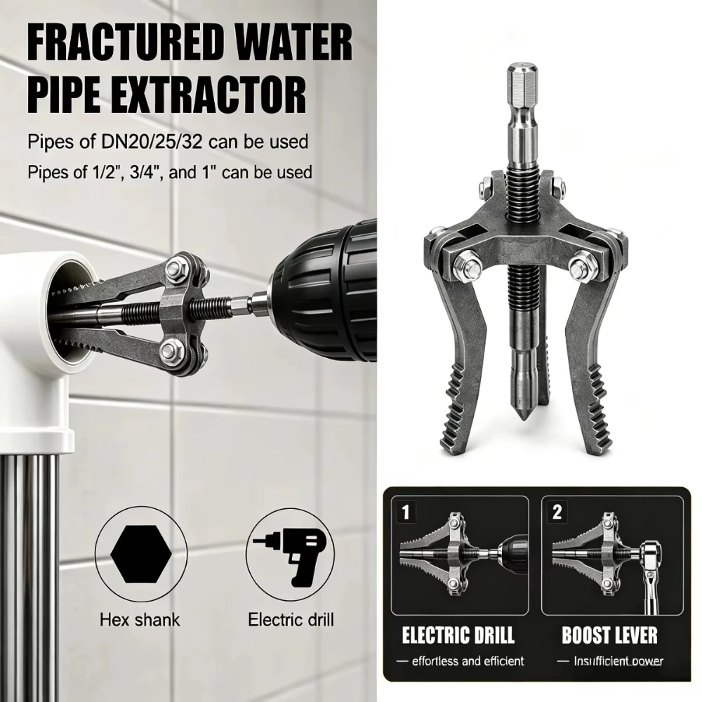 Broken Pipe Thread Puller 3-Jaw Pipe Extractor, Hex Shank Drill Tool for PPR PVC MPP DN20/25/32 1/2