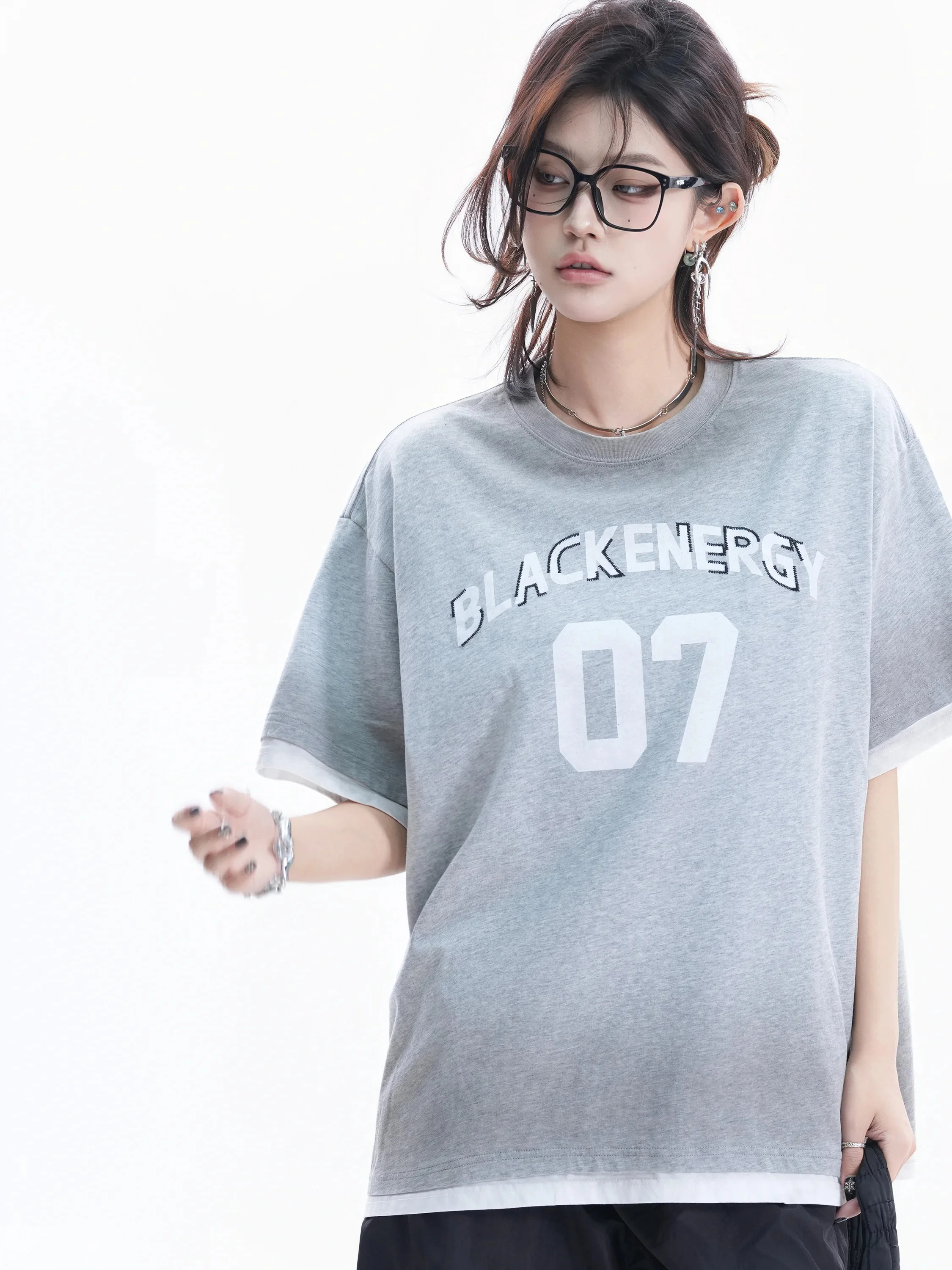 

Casual Loose Short Sleeve T-Shirt Women Summer Digital Print American Neutral Style Small Ball Ball Fake Two-Piece Top