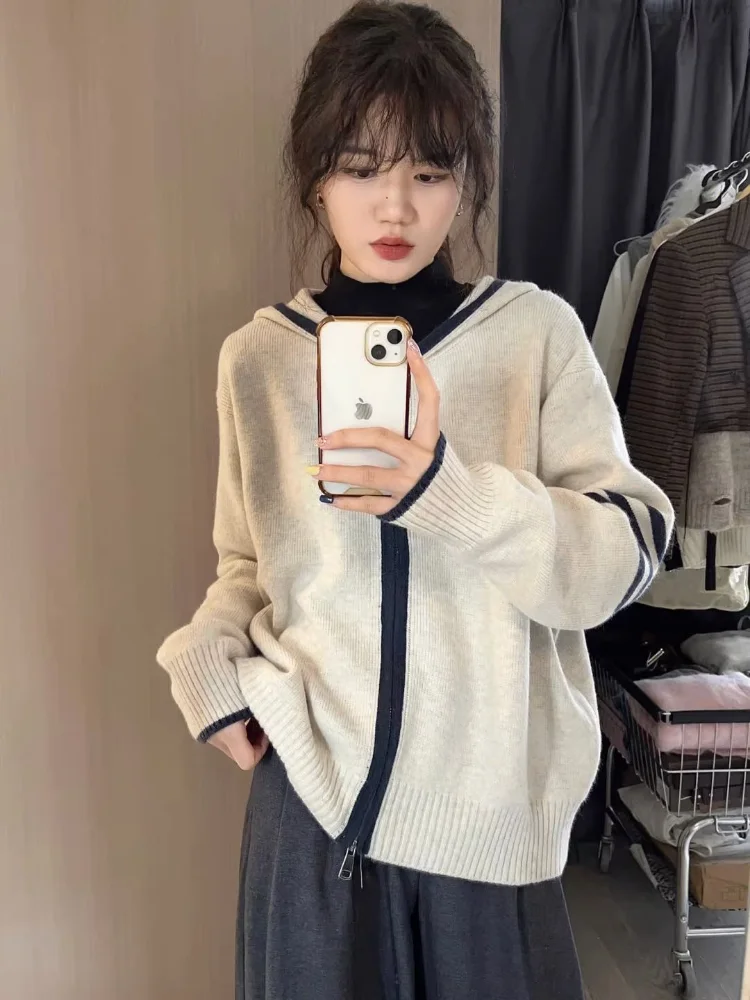 Hooded Cardigans Women Knitted Zipper-up Sweaters Fall Winter Design Slouchy Loose Keep Warm Korean Style Tender Fluffy Trendy