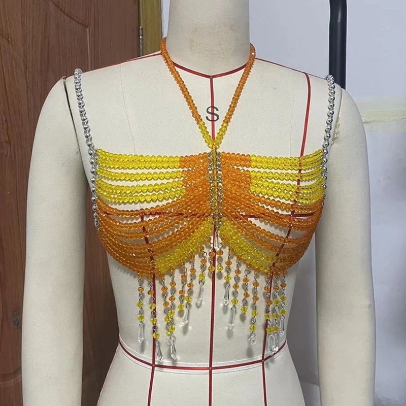 Damen-Camisole mit handgefertigten Perlen und Kristallen, Körperkette, BH, sexy Strass-Neckholder-Crop-Top für Nachtclub, Party, Festival, T-Shirt für Damen – Detail 5