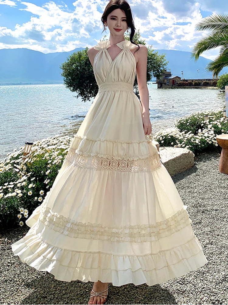 

Sexy V-Neck Backless Boho Holiday Beach Long Dress 2025 Summer Women Elegant Lace Splicing High Waist Ruffles A-Line Dresses