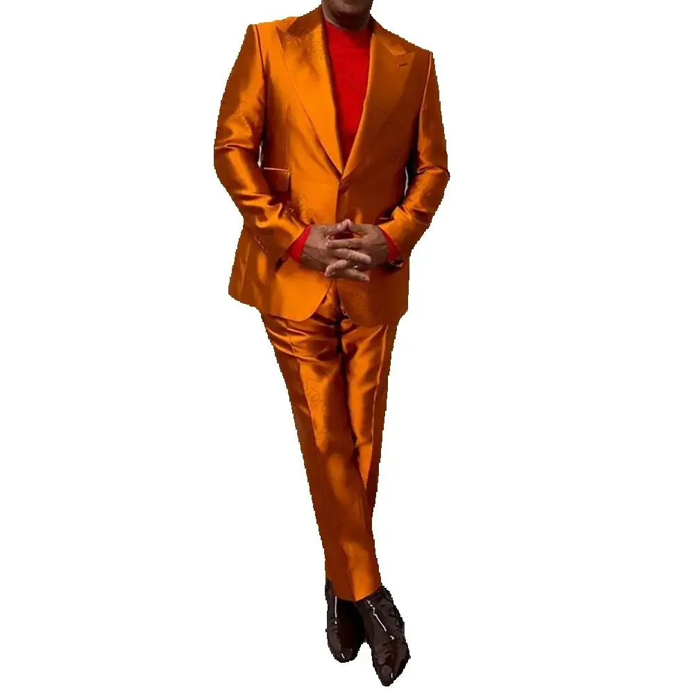 Glossy Orange Satin Single Breasted Men Suit Two Pieces(Jacket+Pants) Outfits Casual Party Prom Wedding Set