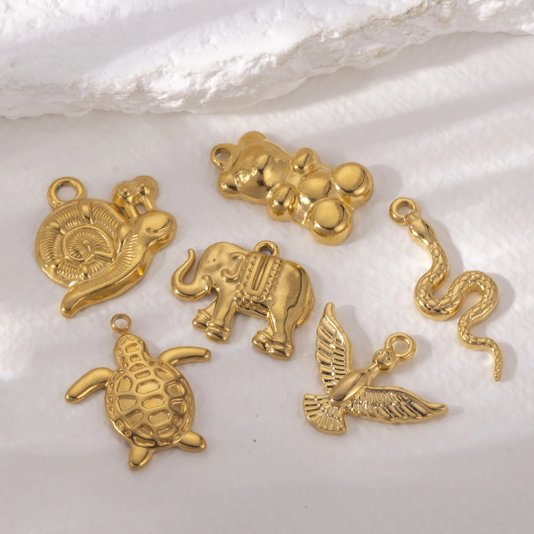 10Pcs Stainless Steel Elephant Bird Snail Snake Bear Charm for Making Necklace Earrings Jewelry Pendant