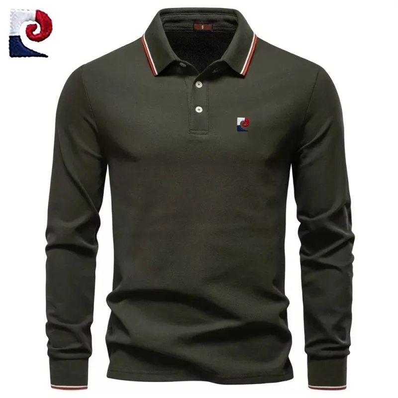 قميص بولو رجالي جديد عالي الجودة مصنوع من القطن الخالص بنسبة 100% بأكمام طويلة، قميص علوي عصري وكاجوال ومريح ومتعدد الاستخدامات