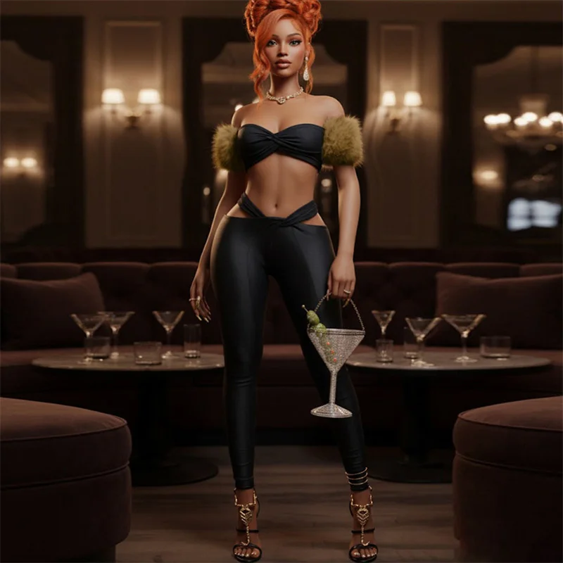 

Doyerl Bodycon Bandage Co Ords Sets for Woman 2 Pieces Rave Club Party Off Shoulder Fur Strapless Crop Top and Pants Matching