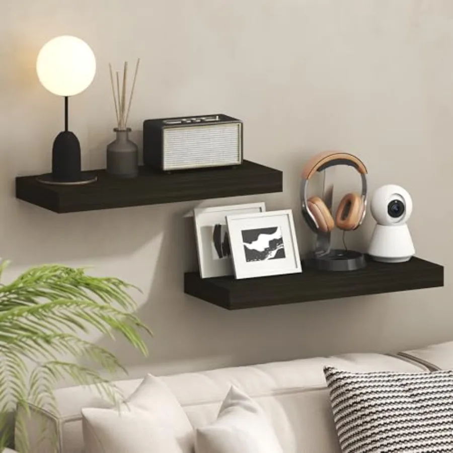 

Wall-mounted floating shelves set of 2 tobacco oak wood 9 x 24 inches 2-inch thick invisible bracket design for bathroom living