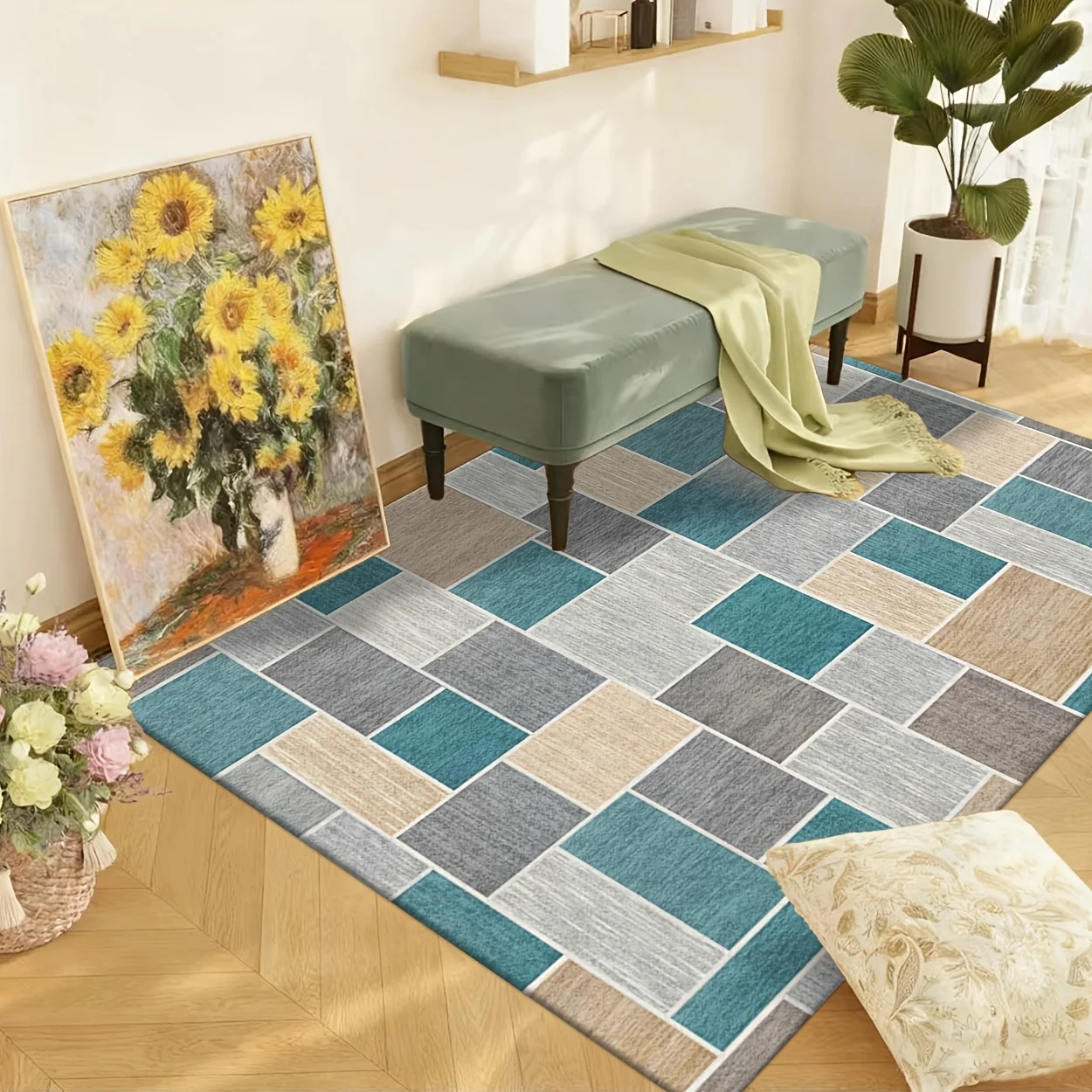 Colorful Block Patchwork Area Rug Modern Abstract Floor Mat For Dining Room Kitchen Entryway Anti-Skid Decor Washable Soft