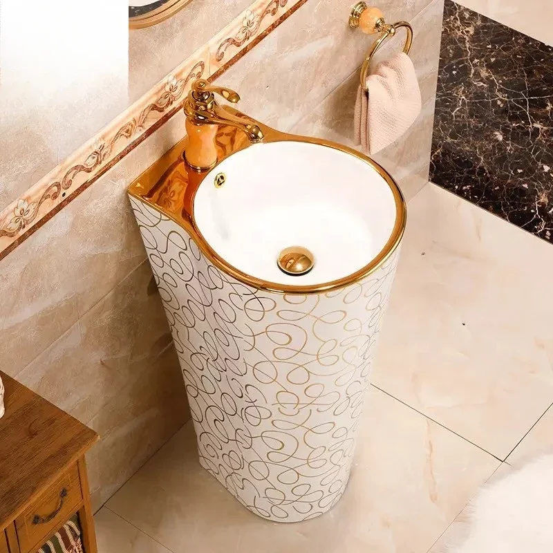 China Luxury Bathroom Sink Golden Full Set One Piece Pedestal Basin Stand Wash Basin