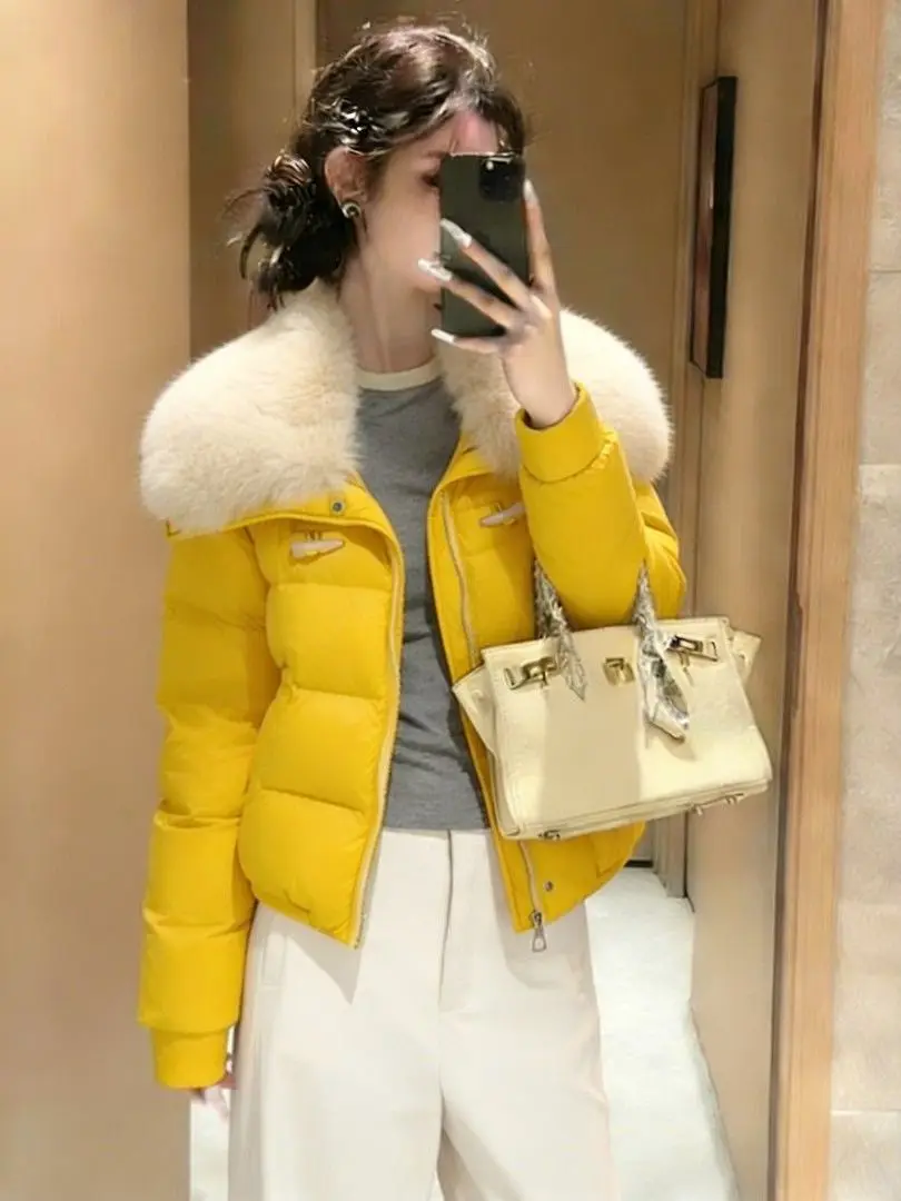 

Korean Design Yellow ort Thiened Bread Coat Women's Winter New Sle Large Collar Furry Cotton Jaet Loose Fit Knitted