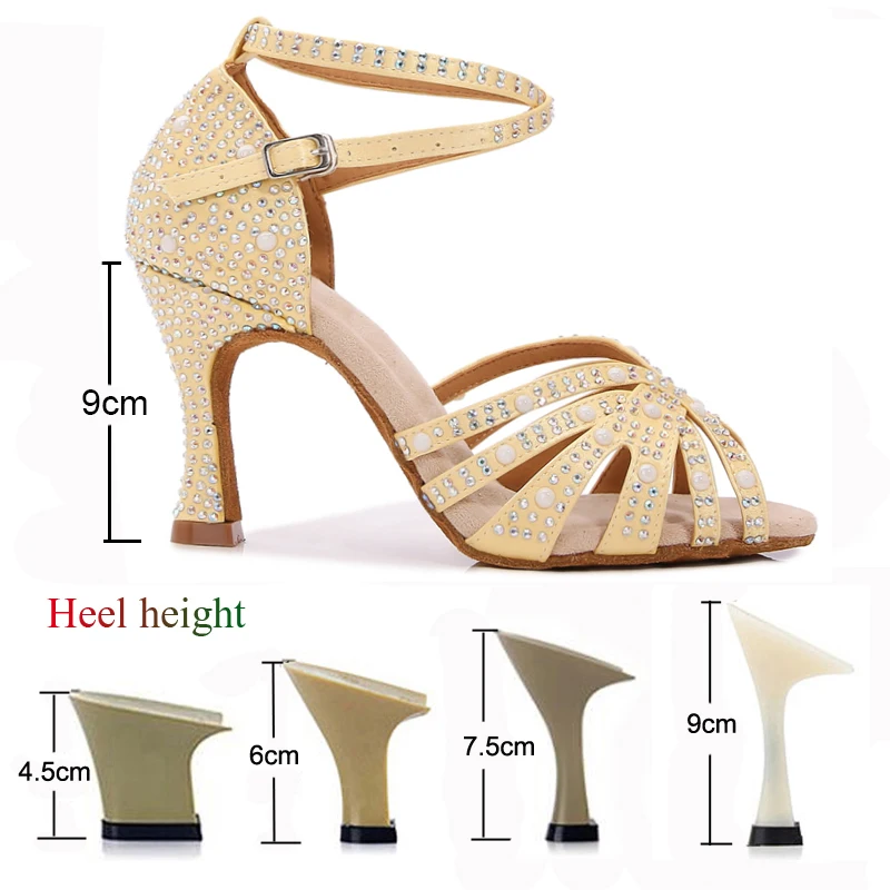 Latin Shoes Ladies Salsa Tango Ballroom Party Dance Shoes Rhinestone Satin Pink Yellow Girls High Heel Summer Sandals Sneakers