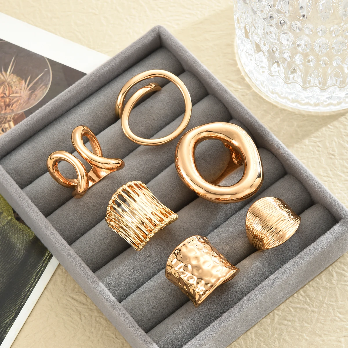 5/6 قطعة خطوط ناعمة غير منتظمة خواتم للنساء ريترو هندسية الشرير مبالغ فيها الذهب اللون خواتم مجموعة موضة هدايا مجوهرات الحفلات #3