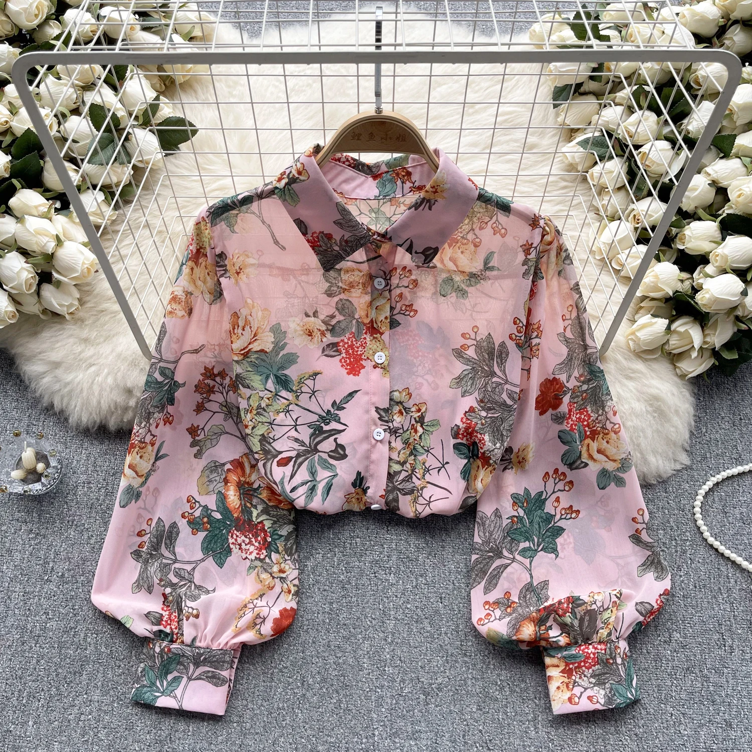 Vintage Elegant Puff Long Sleeve Print Blouse Fashion Shirt  Casual Chic Top Fairy  Summer Women Shirt